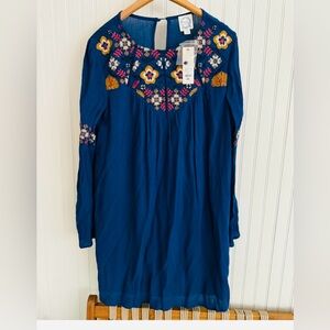 Blue Rain Floral Embroidered Dress Long Sleeves Size Small